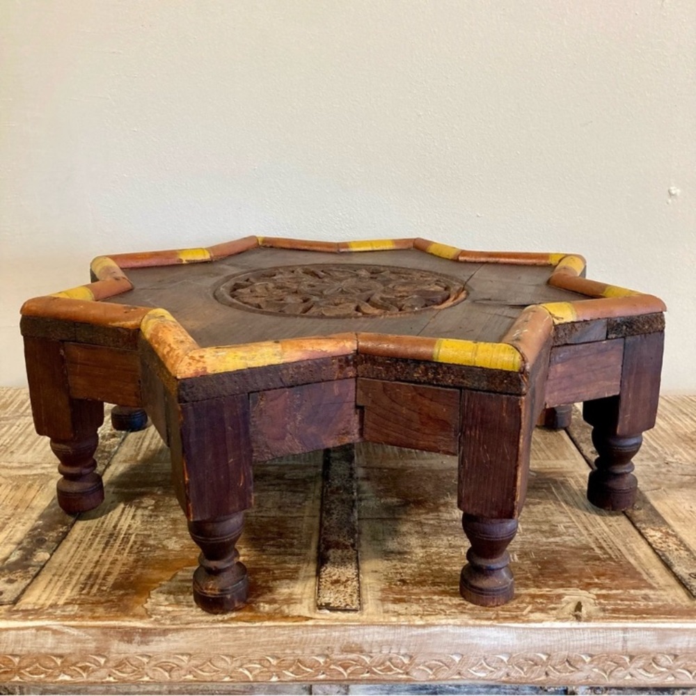 7.5” Tall Wooden Star Shape Table Wood Bajot Traditional Indian Carved Low Table
